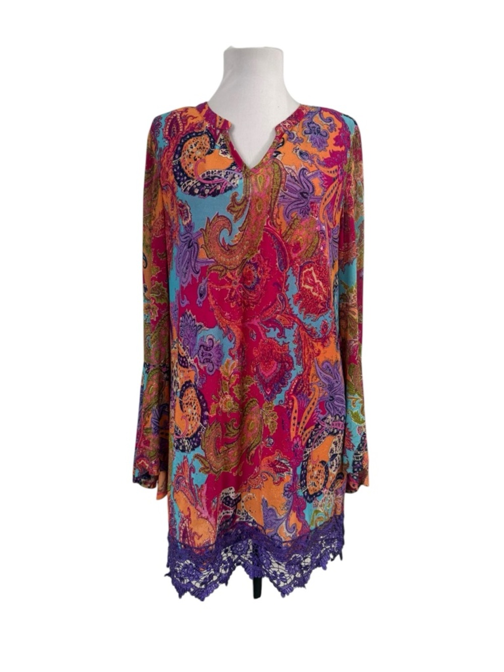 Calessa Medium Tunic Top Paisley Lace Trim Boho Lined Bell Long Sleeves Orange
